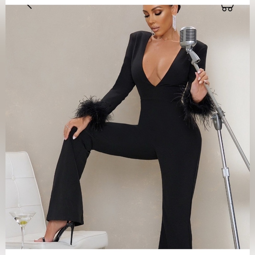 Club L London Black Jumpsuit with Feather Details - Ostrich Feathers